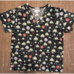 Tafford Scrubs Top Frogs Flowers Pockets V Neck Size Small
